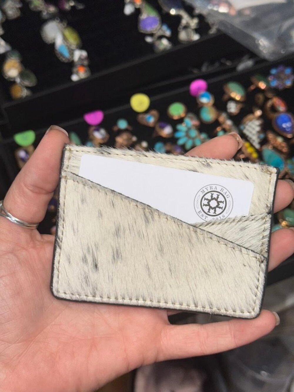 Myra Cream & Brown Cow Hide Card Holder